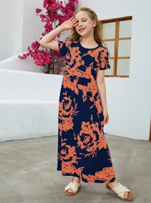 Váy dài in hoa giản dị rộng rãi cho bé gái tuổi teen có tay ngắn - trái cam - Xem 6