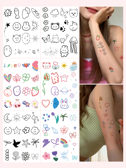 6pcs/Set Temporary Tattoo Stickers, Colorful Body Art Stickers For Fingers Wrists, Cute Design, Waterproof , Suitable For Single Party, Women, Arm, Collarbone, Chest, Back, Leg