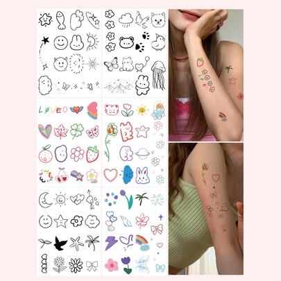 Bộ 6 miếng dán hình xăm tạm thời, miếng dán nghệ thuật cơ thể nhiều màu sắc cho ngón tay cổ tay, thiết kế dễ thương, không thấm nước, thích hợp cho tiệc đơn, phụ nữ, cánh tay, xương đòn, ngực, lưng, chân