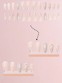 打造魅力指尖，24入組長型杏仁形3D鑲嵌裝飾全覆蓋假指甲套裝貼片指甲美妝工具 - 彩色 - 查看 2