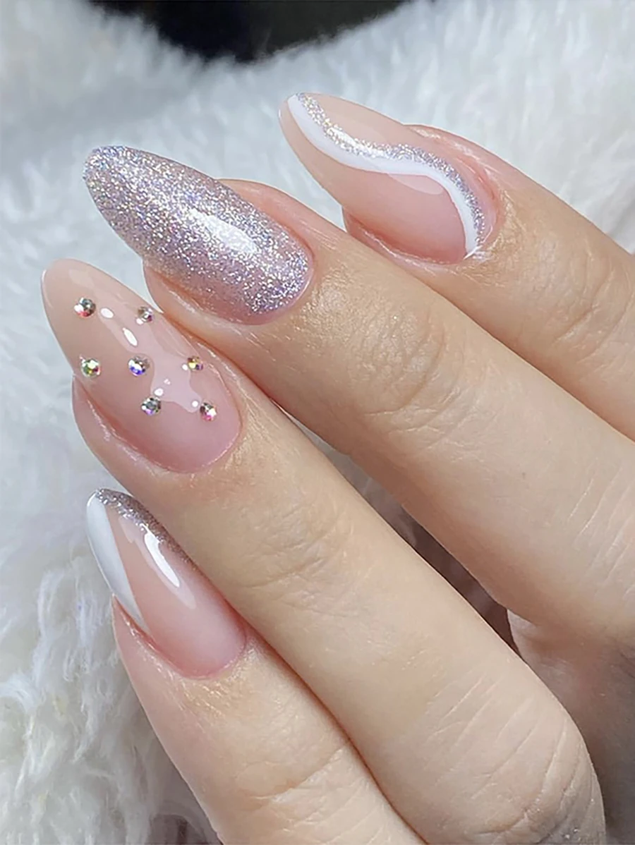 打造魅力指尖，24入組長型杏仁形3D鑲嵌裝飾全覆蓋假指甲套裝貼片指甲美妝工具 - 彩色 - 查看 1