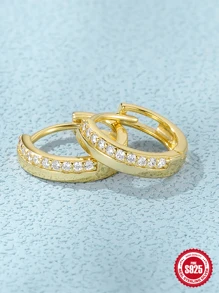 一对 S925 纯银半密镶锆石耳环女士约会珠宝耳环 - 金黃色 - 查看 7