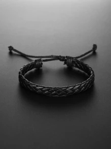 1pc Black Litchi Embossed Pu Polyurethane Strap Business Round Dial Quartz Watch & 1pc String Bracelet For Daily Decoration Men Watch