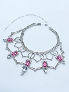 Square Shaped Rhinestone Decor Choker Necklace - Hot Pink - View 2