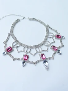 Square Shaped Rhinestone Decor Choker Necklace - Hot Pink - View 3