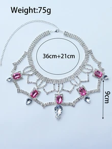Square Shaped Rhinestone Decor Choker Necklace - Hot Pink - View 4