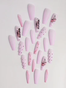 Biến đổi móng tay của bạn với 24 chiếc quan tài dài Cherry Butterfly Frosted Pearl Thạch Mẫu Móng tay giả & 1 dũa móng tay & 1 tờ băng dán móng tay Bấm vào móng tay Đồ dùng làm móng - Nhiều màu - Xem 3