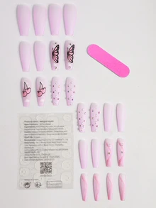 Biến đổi móng tay của bạn với 24 chiếc quan tài dài Cherry Butterfly Frosted Pearl Thạch Mẫu Móng tay giả & 1 dũa móng tay & 1 tờ băng dán móng tay Bấm vào móng tay Đồ dùng làm móng - Nhiều màu - Xem 2