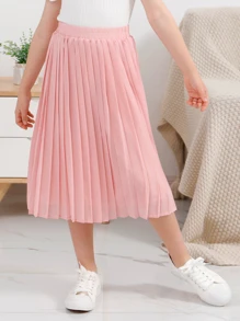 女孩素色百褶半身裙 - 粉色 - 查看 4