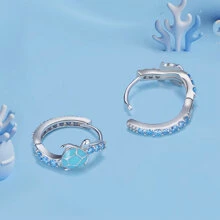 1對925純銀藍色海龜環形耳環，閃亮立體氧化鋯耳扣，女性度假派對夏日禮物精品珠寶 - 銀色 - 查看 7