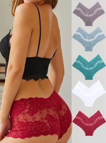 FINETOO 5pcs Women's Lace Butterfly Pattern Low-Rise Panties With Bow - Multicolor - View 2