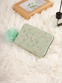 时尚花卉图案短款钱包带吊坠便携，钱，现金白领人士，适合女大学生，工作，商务，通勤，办公室，周年纪念，情侣，生日礼物，情人节礼物，礼物 - 綠色 - 查看 1