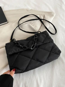 Acrylic Chain Decor Large Capacity Crossbody Bag With Embroidered Rhinestone Pattern - Black - View 6