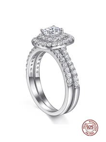 Bộ 2 Thanh Lịch Sang Trọng Bạc 925 Lấp Lánh Nhân Tạo Đính Đá Cubic Zirconia Kỷ Niệm Đính Hôn Cho Nữ - Bạc - Xem 4