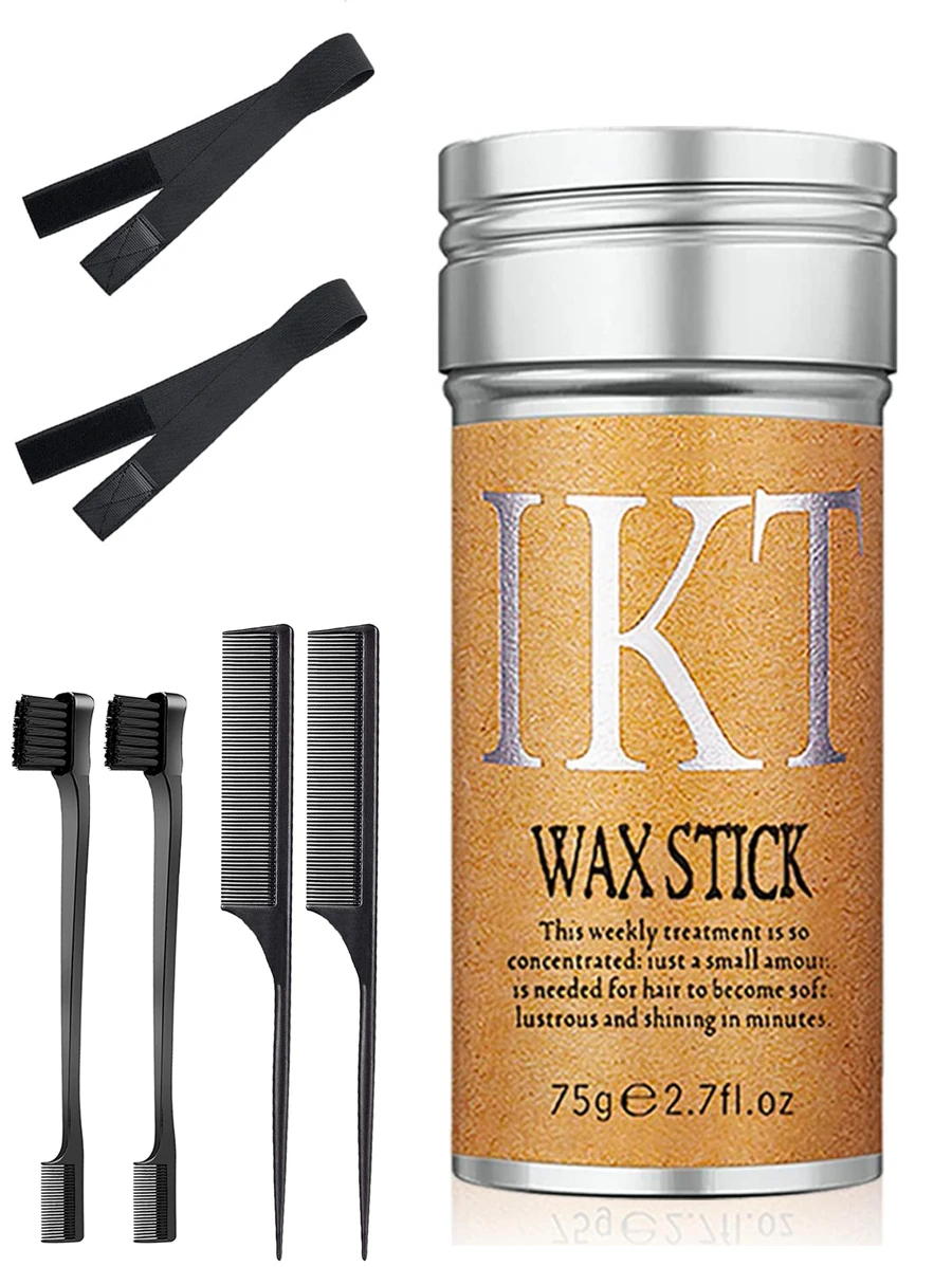 Juego de 7 piezas - 1 pieza Barra de cera para el cabello para bordes y pelucas, 2 piezas Cepillo para cepillar el cabello, 2 piezas Peine con punta para peinar el cabello, 2 piezas bandas elásticas para los bordes de las pelucas para mujeres - Negro - Ver 1