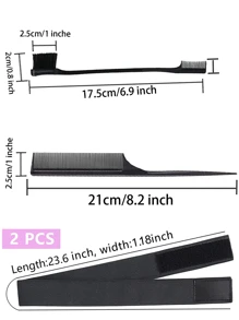 Juego de 7 piezas - 1 pieza Barra de cera para el cabello para bordes y pelucas, 2 piezas Cepillo para cepillar el cabello, 2 piezas Peine con punta para peinar el cabello, 2 piezas bandas elásticas para los bordes de las pelucas para mujeres - Negro - Ver 2