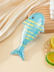 便携式顺发桨刷，1 件亮片装饰鱼形设计儿童梳子 - 藍色 - 查看 3