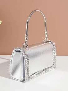 Túi cầm tay buổi tối Túi xách nữ bằng da Pu được trang trí bằng kim cương giả, Dây đeo chuỗi vàng có thể tháo rời để đeo vai hoặc đeo chéo - Bạc - Xem 6