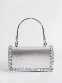 Túi cầm tay buổi tối Túi xách nữ bằng da Pu được trang trí bằng kim cương giả, Dây đeo chuỗi vàng có thể tháo rời để đeo vai hoặc đeo chéo - Bạc - Xem 3