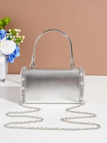 Túi cầm tay buổi tối Túi xách nữ bằng da Pu được trang trí bằng kim cương giả, Dây đeo chuỗi vàng có thể tháo rời để đeo vai hoặc đeo chéo - Bạc - Xem 7