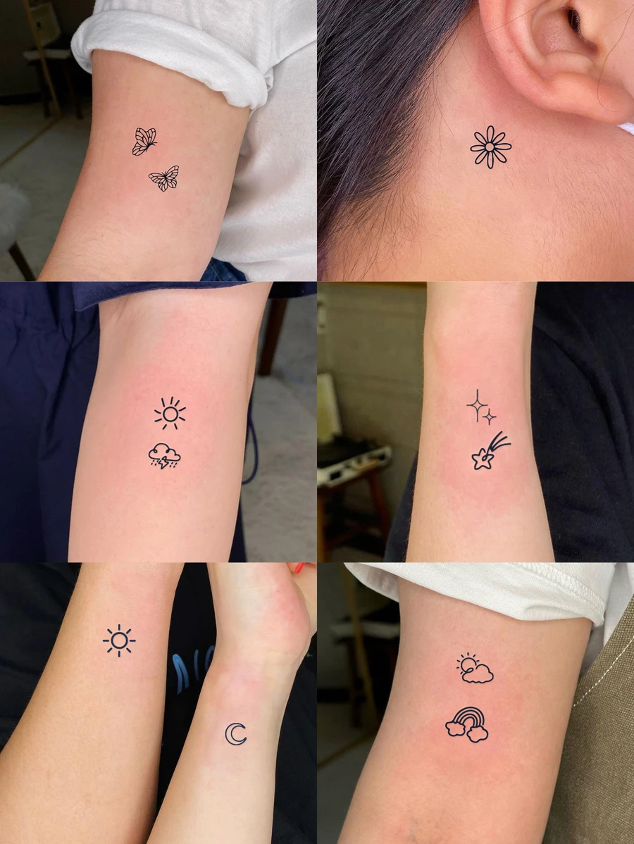 6 件装卡通图案临时纹身贴手指手腕背部身体小空间纹身贴纸假纹身 - 黑色 - 查看 1