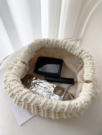 Damhandväska med stickad väska enfärgad, stor kapacitet, klassisk retro-klämmväska för semesterresor.