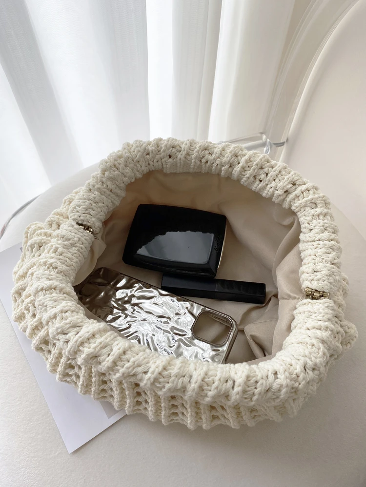 Women's Knitted Handbag, Solid Color, Large Capacity, Classic Retro Buckle Design, Suitable For Vacation And Travel , Wedding