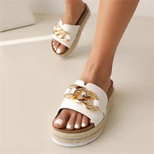 Women Chain Decor Sandals, Vacation Summer Flatform Slide Sandals - White - View 2