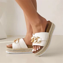 Women Chain Decor Sandals, Vacation Summer Flatform Slide Sandals - White - View 1