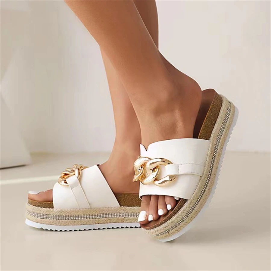 Women Chain Decor Sandals, Vacation Summer Flatform Slide Sandals - White - View 1