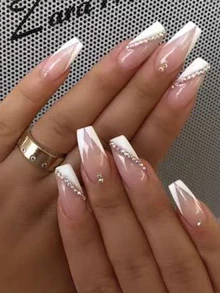 atractivo con 24 piezas largo ataúd 3d con diseño de diamante de imitación cobertura total Uña postiza Kit - Multicolor - Ver 1