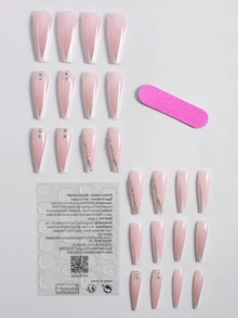 atractivo con 24 piezas largo ataúd 3d con diseño de diamante de imitación cobertura total Uña postiza Kit - Multicolor - Ver 2