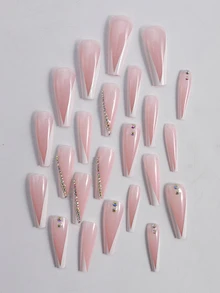 atractivo con 24 piezas largo ataúd 3d con diseño de diamante de imitación cobertura total Uña postiza Kit - Multicolor - Ver 3