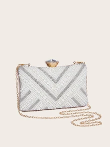 Túi buổi tối sáng bóng được trang trí bằng ngọc trai giả & rhinestone - Màu be - Xem 4