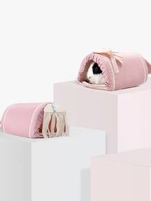 ABLAZE ZAI 1入組粉色織物門簾隱藏式拱形隧道倉鼠屋,適用於室內小寵物飼養