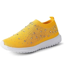 Women's Mesh Walking Shoes Rhinestone Glitter Slip On Dance Sock Sneakers - Yellow - View 1