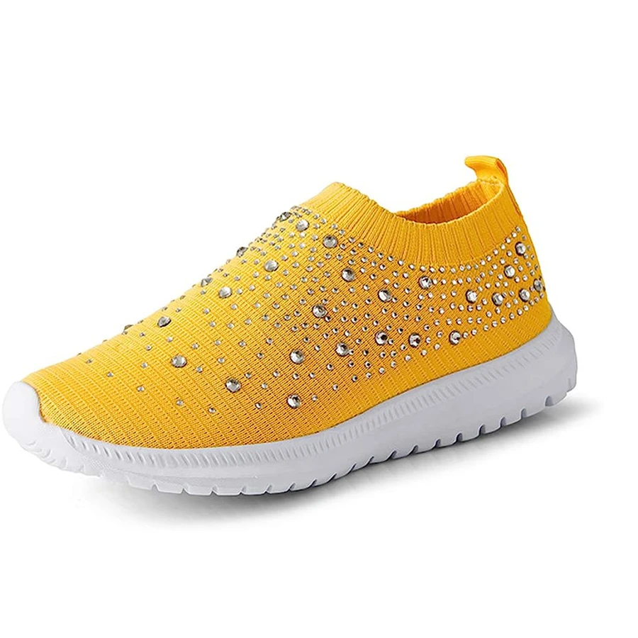 Women's Mesh Walking Shoes Rhinestone Glitter Slip On Dance Sock Sneakers - Yellow - View 1