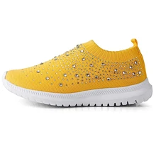Women's Mesh Walking Shoes Rhinestone Glitter Slip On Dance Sock Sneakers - Yellow - View 2