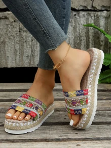 Women Color Block Braided Detail Espadrille Flat Sandals, Vacation Polyester Slide Sandals For Summer - Multicolor - View 1