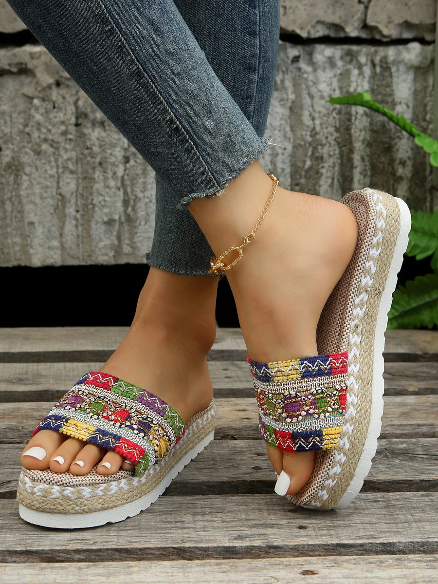 Women Color Block Braided Detail Espadrille Flat Sandals, Vacation Polyester Slide Sandals For Summer - Multicolor - View 1