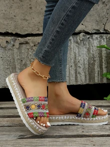 Women Color Block Braided Detail Espadrille Flat Sandals, Vacation Polyester Slide Sandals For Summer - Multicolor - View 5