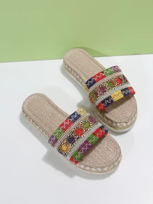 Women Color Block Braided Detail Espadrille Flat Sandals, Vacation Polyester Slide Sandals For Summer - Multicolor - View 2