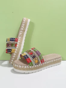 Women Color Block Braided Detail Espadrille Flat Sandals, Vacation Polyester Slide Sandals For Summer - Multicolor - View 3