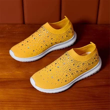 Women's Mesh Walking Shoes Rhinestone Glitter Slip On Dance Sock Sneakers - Yellow - View 3