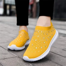 Women's Mesh Walking Shoes Rhinestone Glitter Slip On Dance Sock Sneakers - Yellow - View 4