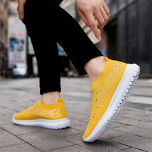 Women's Mesh Walking Shoes Rhinestone Glitter Slip On Dance Sock Sneakers - Yellow - View 5