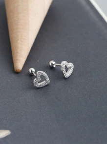 HuooNew 1pair Elegant 925 Sterling Silver & Cubic Zirconia Heart Stud Earrings As Birthday Gift For Teenage Girls
