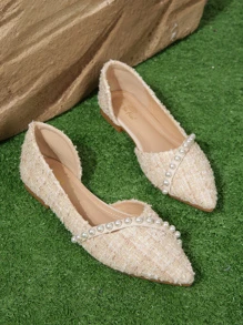 Women's Pearl Decor Flat Shoes, Ladies' Pointed Toe Hollow Out Career Shoes
