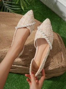 Women's Pearl Decor Flat Shoes, Ladies' Pointed Toe Hollow Out Career Shoes