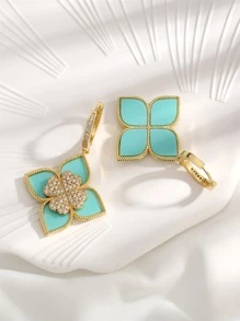 1 对高品质 18K 镀金铜耳环，配粉红玛瑙和立方四叶草，适合女性日常佩戴、节日礼物 - 淺藍色 - 查看 2